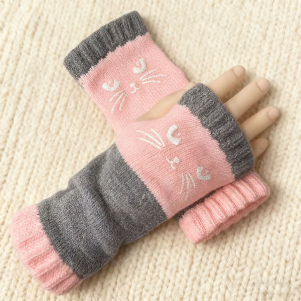 🎅2025 Christmas Hot Sale🔥Women's Knitted Fingerless Gloves with Cute Cat Embroidery