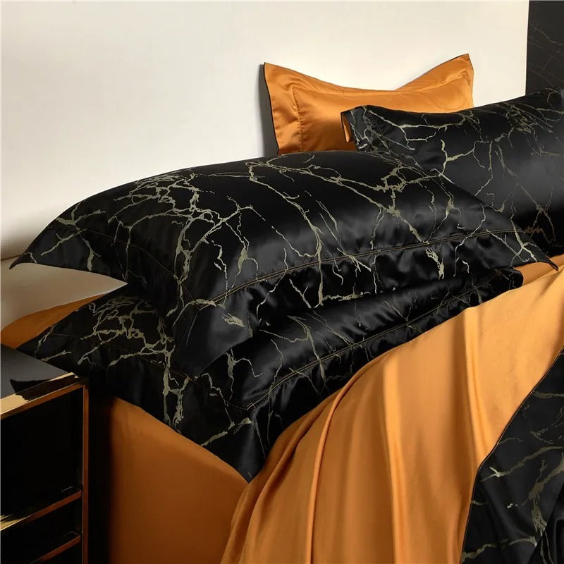 Nero Black Marble Luxury Egyptian Cotton Satin Bedding Set