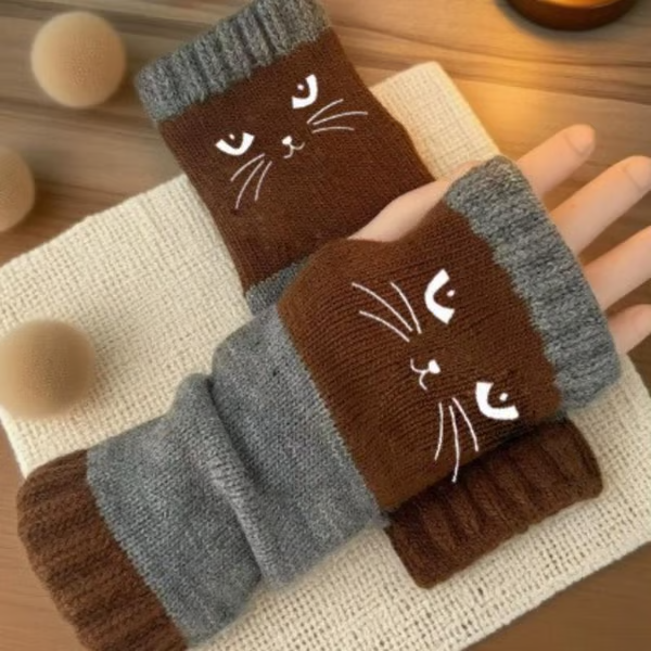 🎅2025 Christmas Hot Sale🔥Women's Knitted Fingerless Gloves with Cute Cat Embroidery