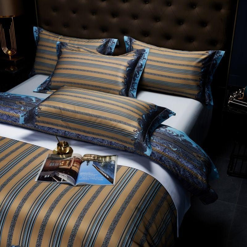 Carol Damask And Striped Print Silky Egyptian Cotton Bedding Set