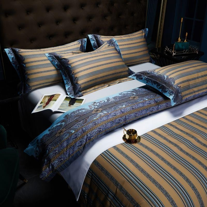 Carol Damask And Striped Print Silky Egyptian Cotton Bedding Set