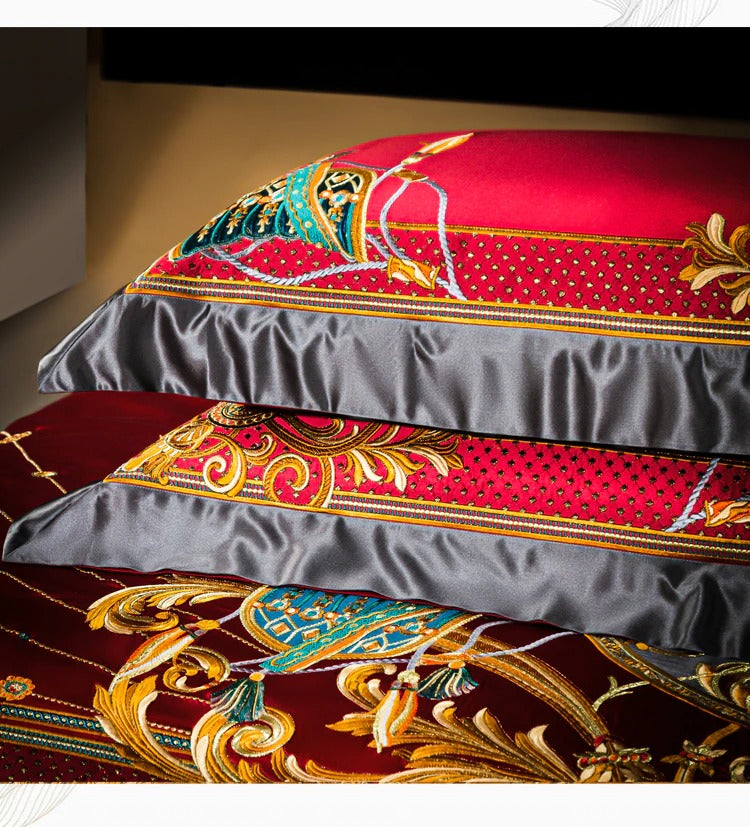 Niki Red Luxury Embroidered Egyptian Cotton Satin Bedding Set