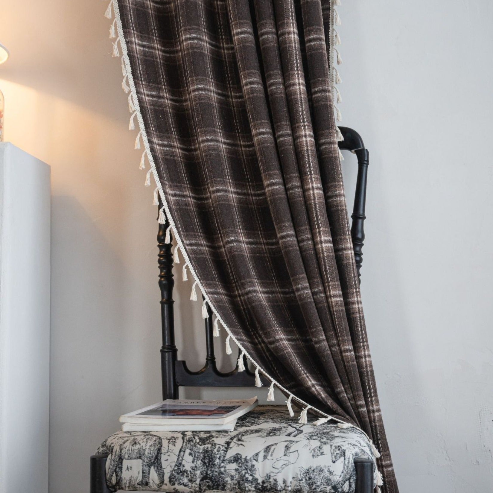 Chocolate Plaid Tassel Curtain