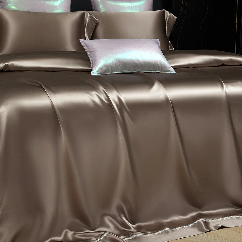 Solenne Mink Bronze Openwork Trim Luxury Pure Mulberry Silk Bedding Set