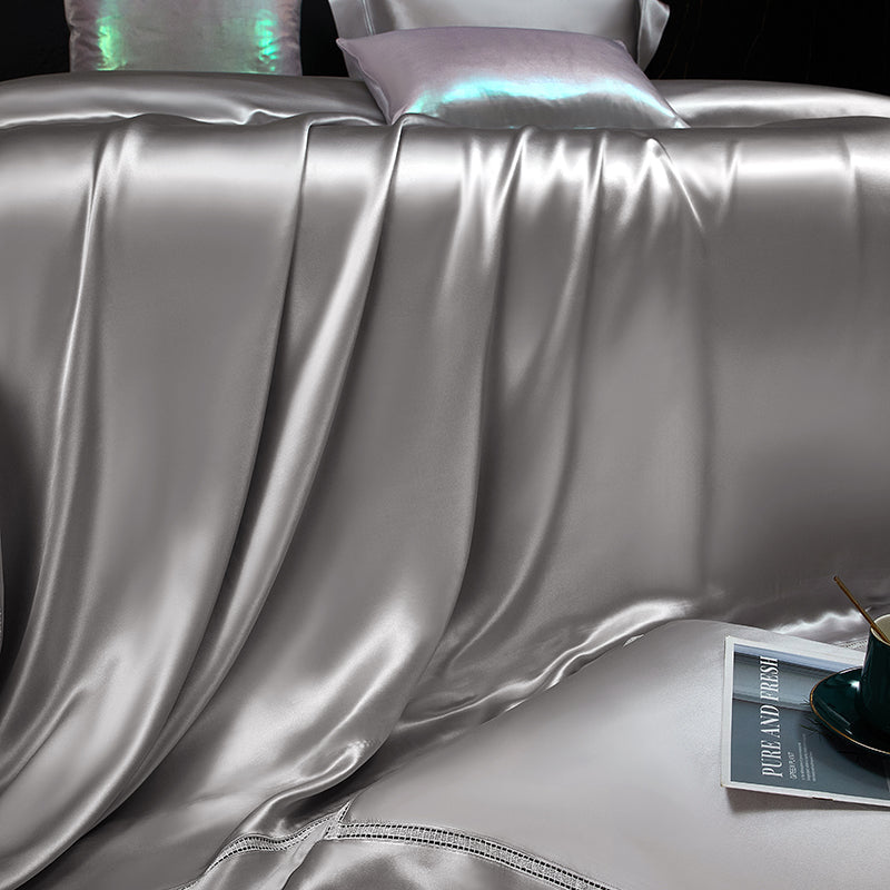 Solenne Starlight Silver Openwork Trim Luxury Pure Mulberry Silk Bedding Set