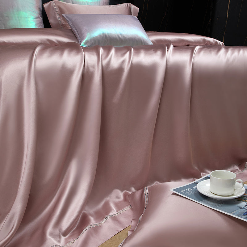Solenne Magnolia Pink Openwork Trim Luxury Pure Mulberry Silk Bedding Set