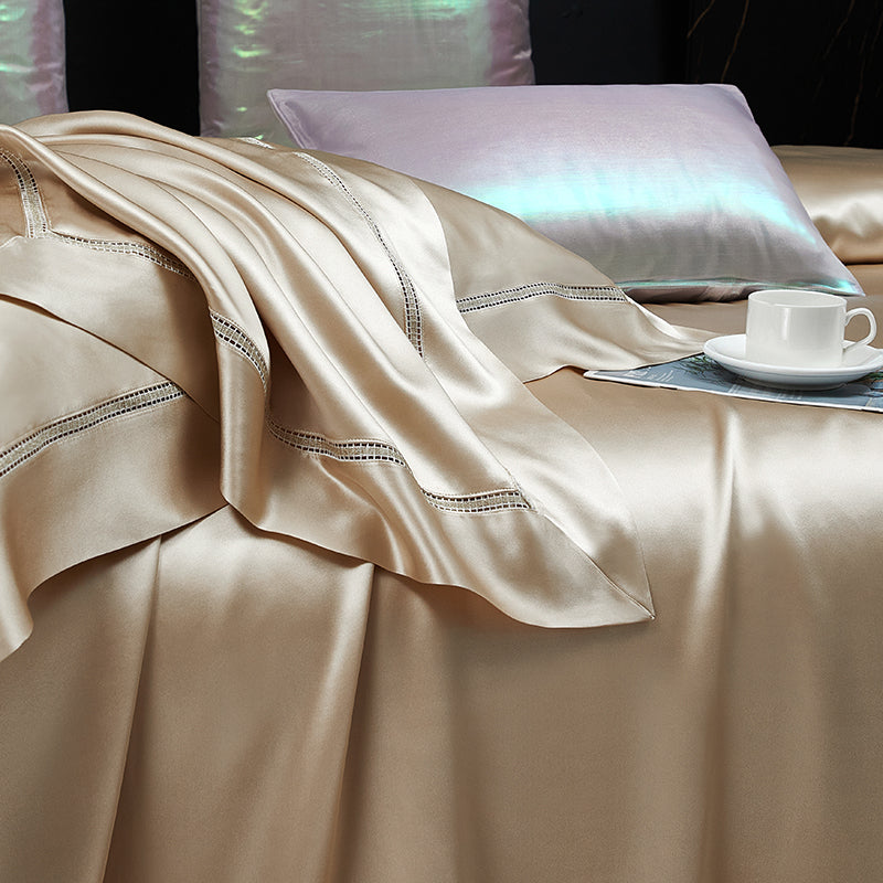 Solenne Opaline Gold Openwork Trim Luxury Pure Mulberry Silk Bedding Set