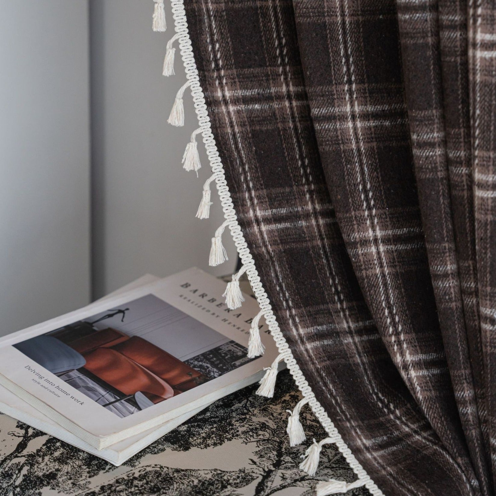 Chocolate Plaid Tassel Curtain