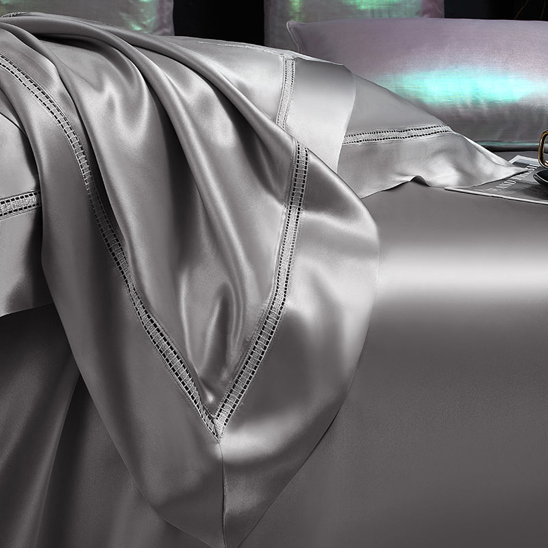 Solenne Starlight Silver Openwork Trim Luxury Pure Mulberry Silk Bedding Set