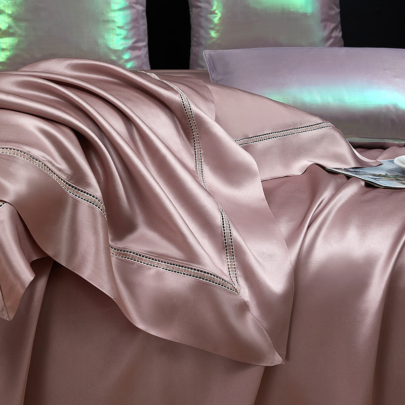 Solenne Magnolia Pink Openwork Trim Luxury Pure Mulberry Silk Bedding Set