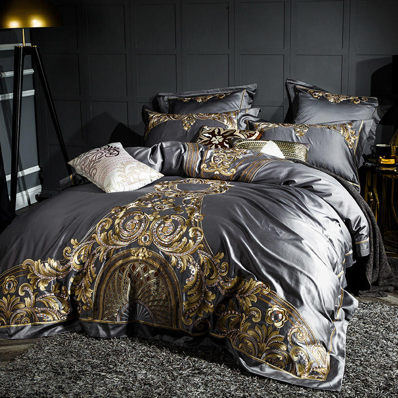 Lezkira Vibrant Grey Luxury Embroidery Egyptian Cotton Bedding Set