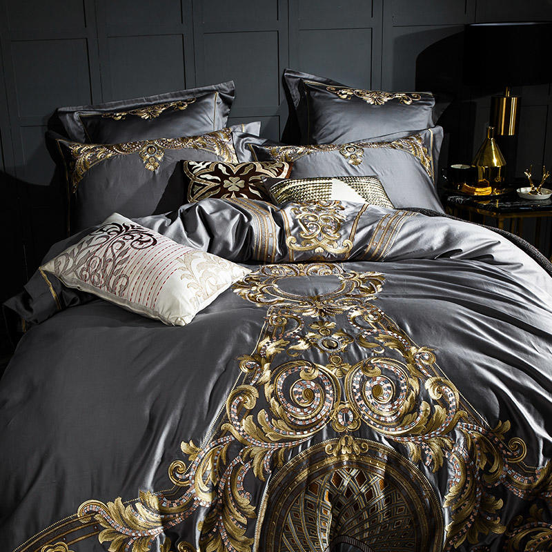 Lezkira Vibrant Grey Luxury Embroidery Egyptian Cotton Bedding Set
