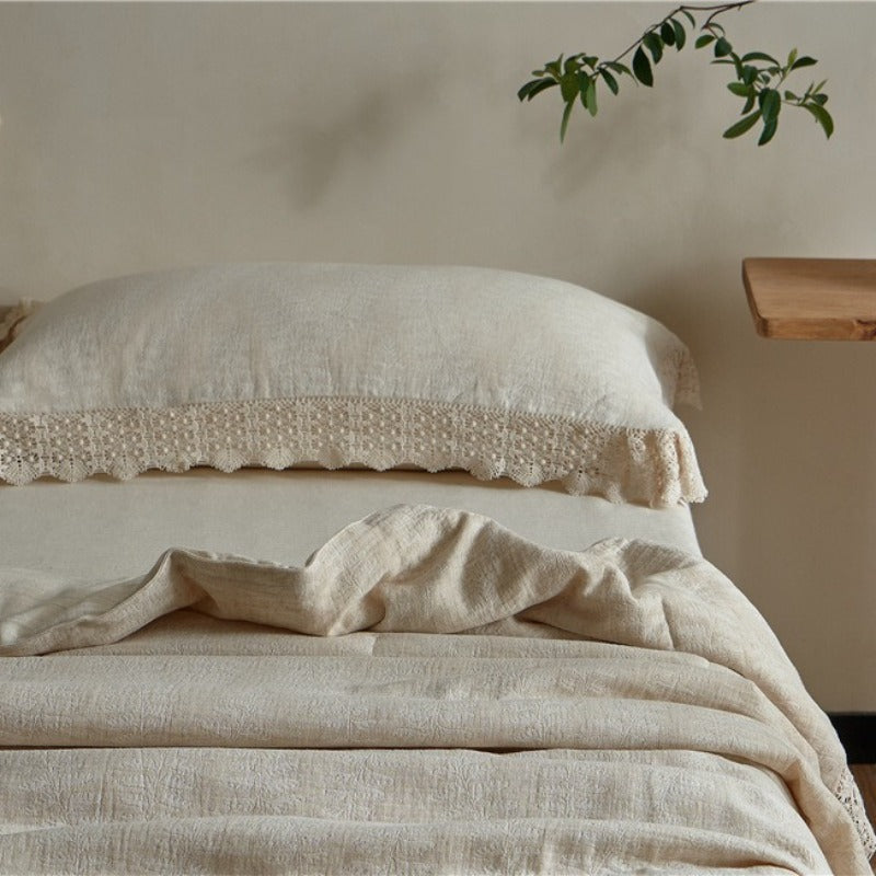 Lace Trim Cotton Linen Summer Quilted Blanket
