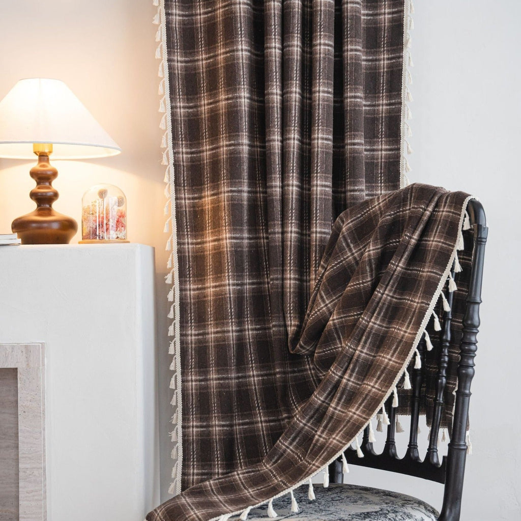 Chocolate Plaid Tassel Curtain