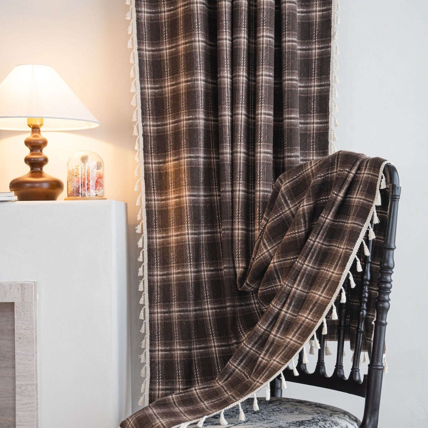 Chocolate Plaid Tassel Curtain