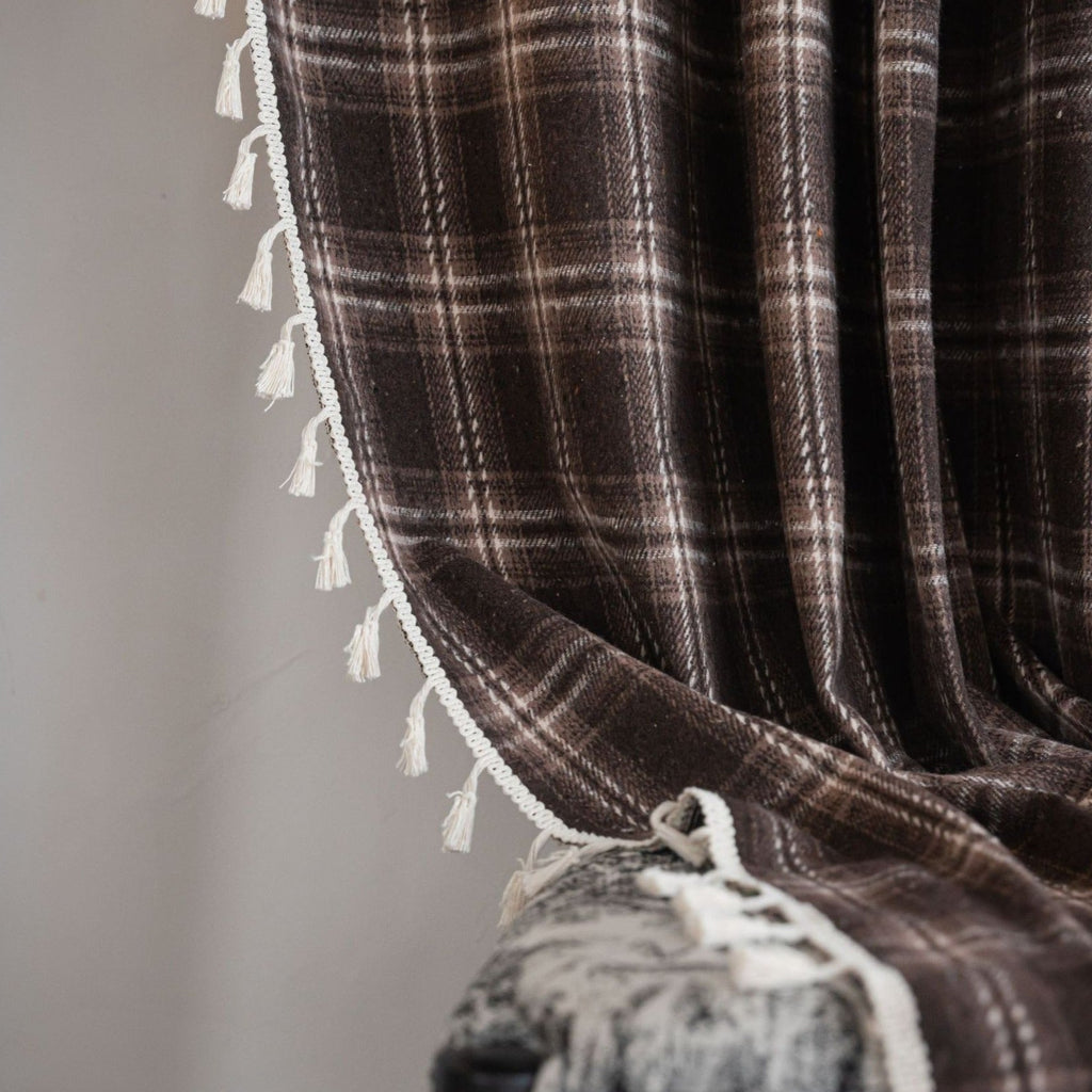 Chocolate Plaid Tassel Curtain