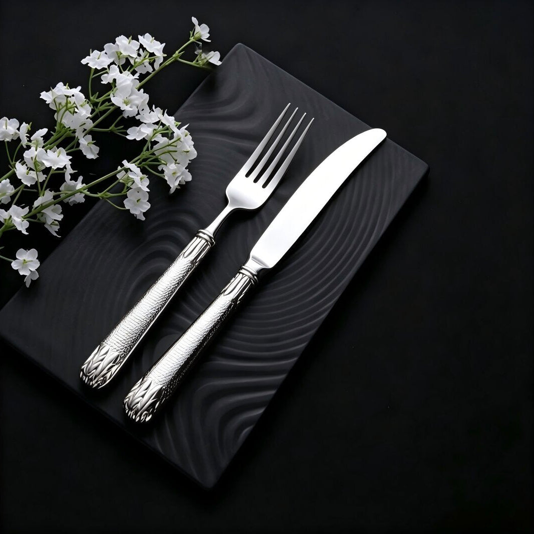 Elnoora Silver Luxury Engraved Stainless Steel Cutlery Set