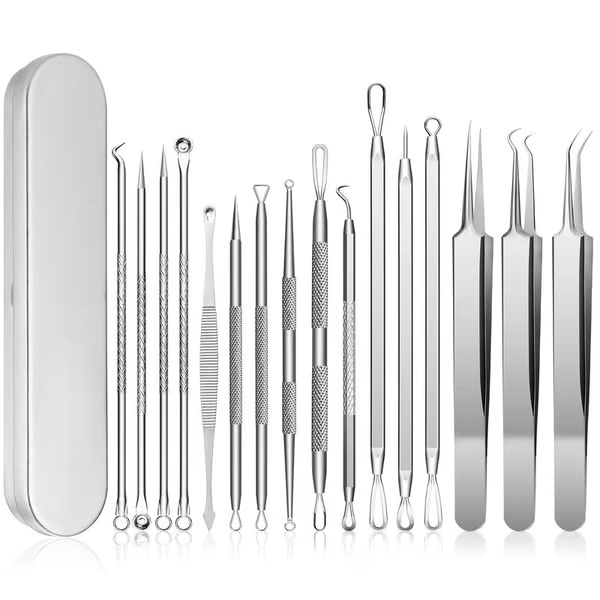 🧼 Clear Skin Essential! 🔥15-Piece Blackhead & Pimple Remover Kit with Stainless Steel Tools + Metal Case