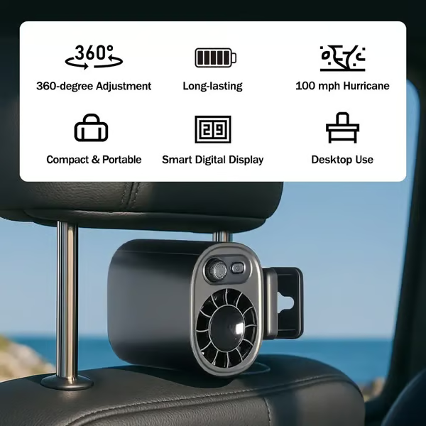 ❄️🔥Car Clip On Fan with LED Display -360° Rotation, 100 Speeds Adjustable, USB Rechargeable