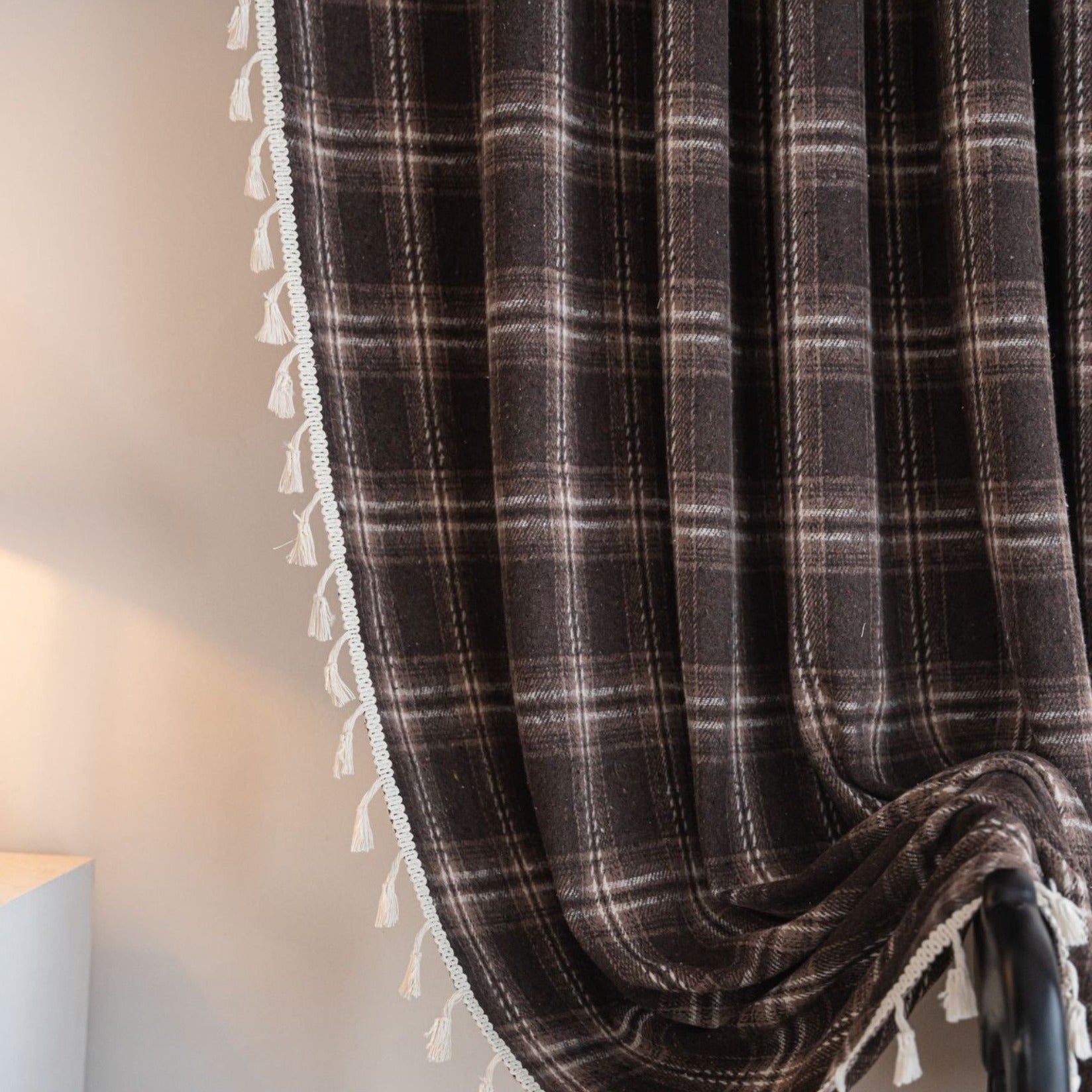 Chocolate Plaid Tassel Curtain