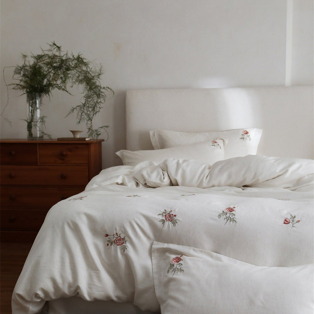 Minimal Rose Embroidery Bedding Set