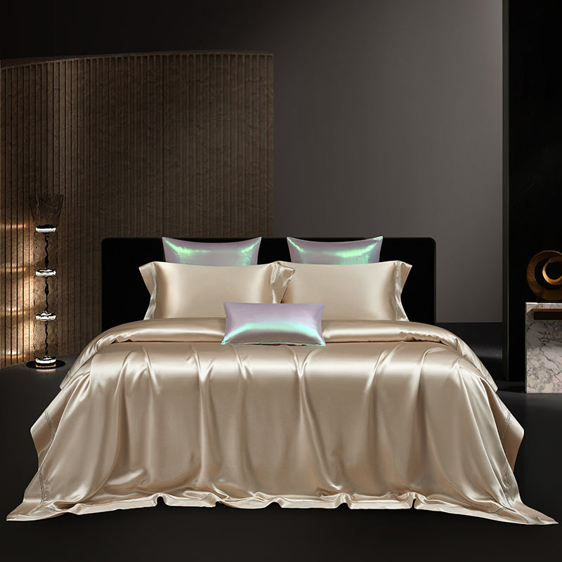 Solenne Opaline Gold Openwork Trim Luxury Pure Mulberry Silk Bedding Set