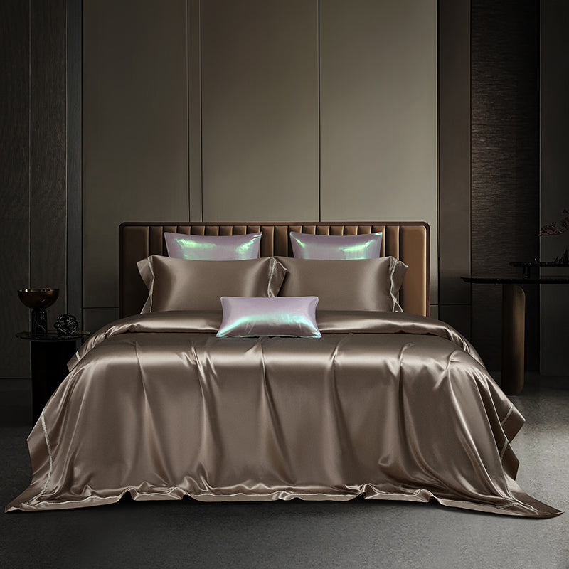 Solenne Mink Bronze Openwork Trim Luxury Pure Mulberry Silk Bedding Set