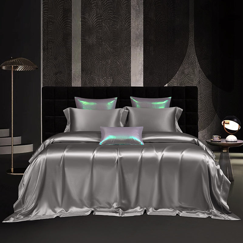 Solenne Starlight Silver Openwork Trim Luxury Pure Mulberry Silk Bedding Set