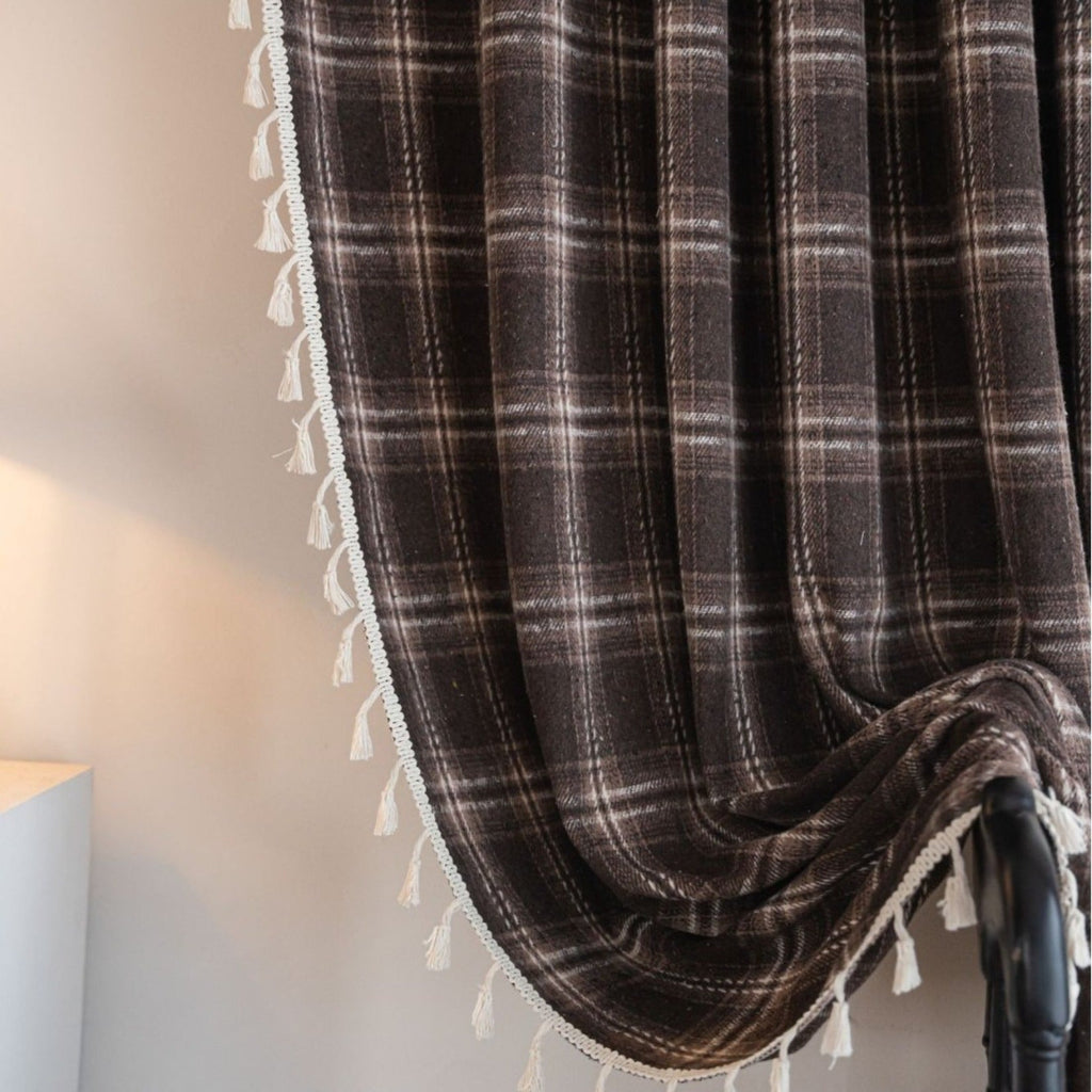 Chocolate Plaid Tassel Curtain