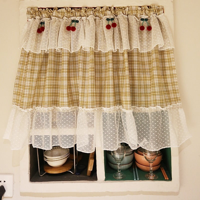 Yellow Check with Lace Cabinet Curtain
