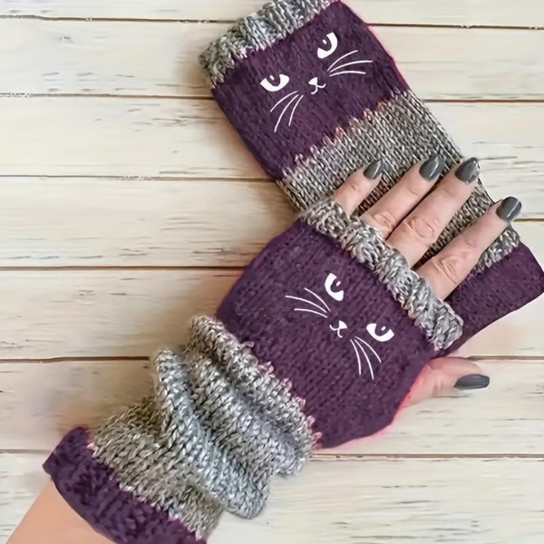 🎅2025 Christmas Hot Sale🔥Women's Knitted Fingerless Gloves with Cute Cat Embroidery