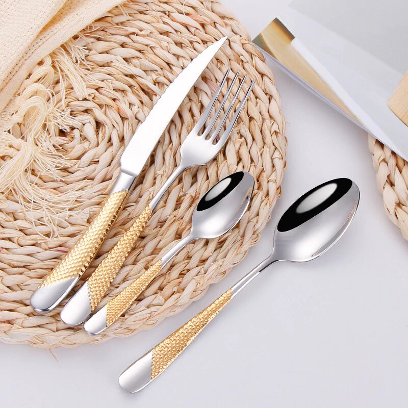 Ferran Gold Silver Diagonal Textured Stainless Steel Cutlery Set