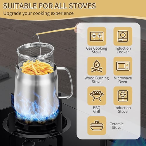 68oz 201 Stainless Steel Deep Fryer Pot with Basket & Strainer, Large Capacity Bacon Grease Container for Kitchen,Frying, Cooking, Camping,Oil Filter Container - Dishwasher Safe