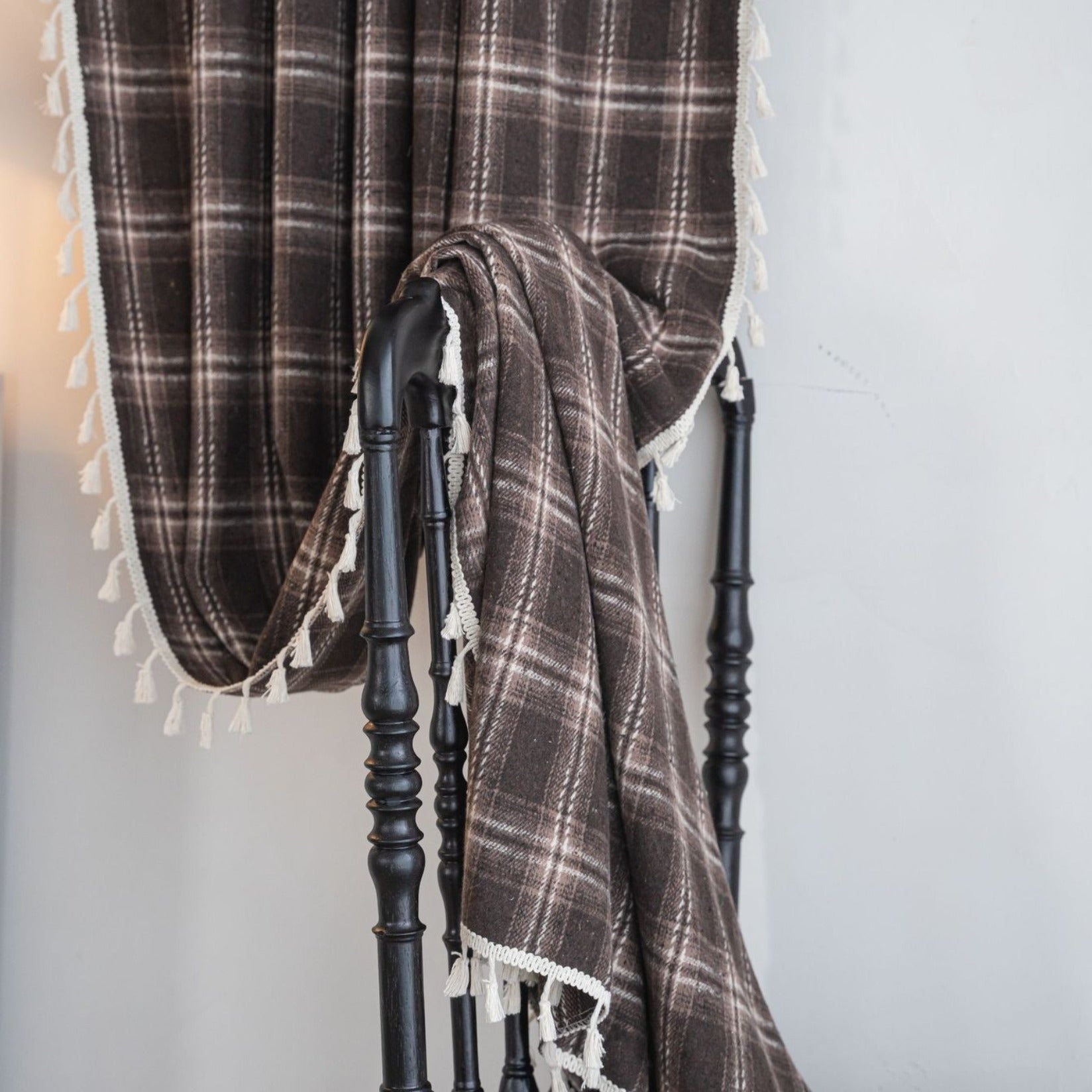 Chocolate Plaid Tassel Curtain