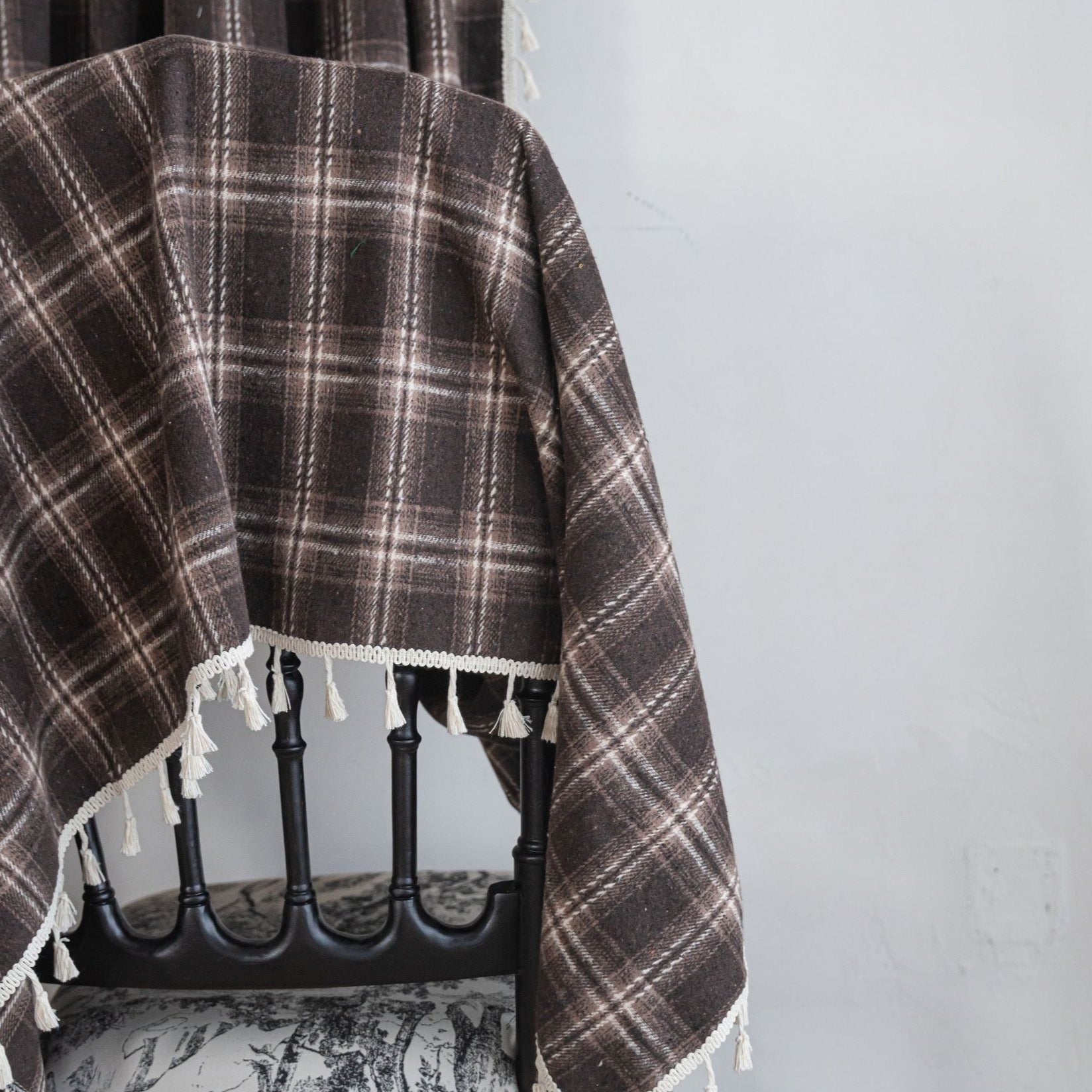 Chocolate Plaid Tassel Curtain