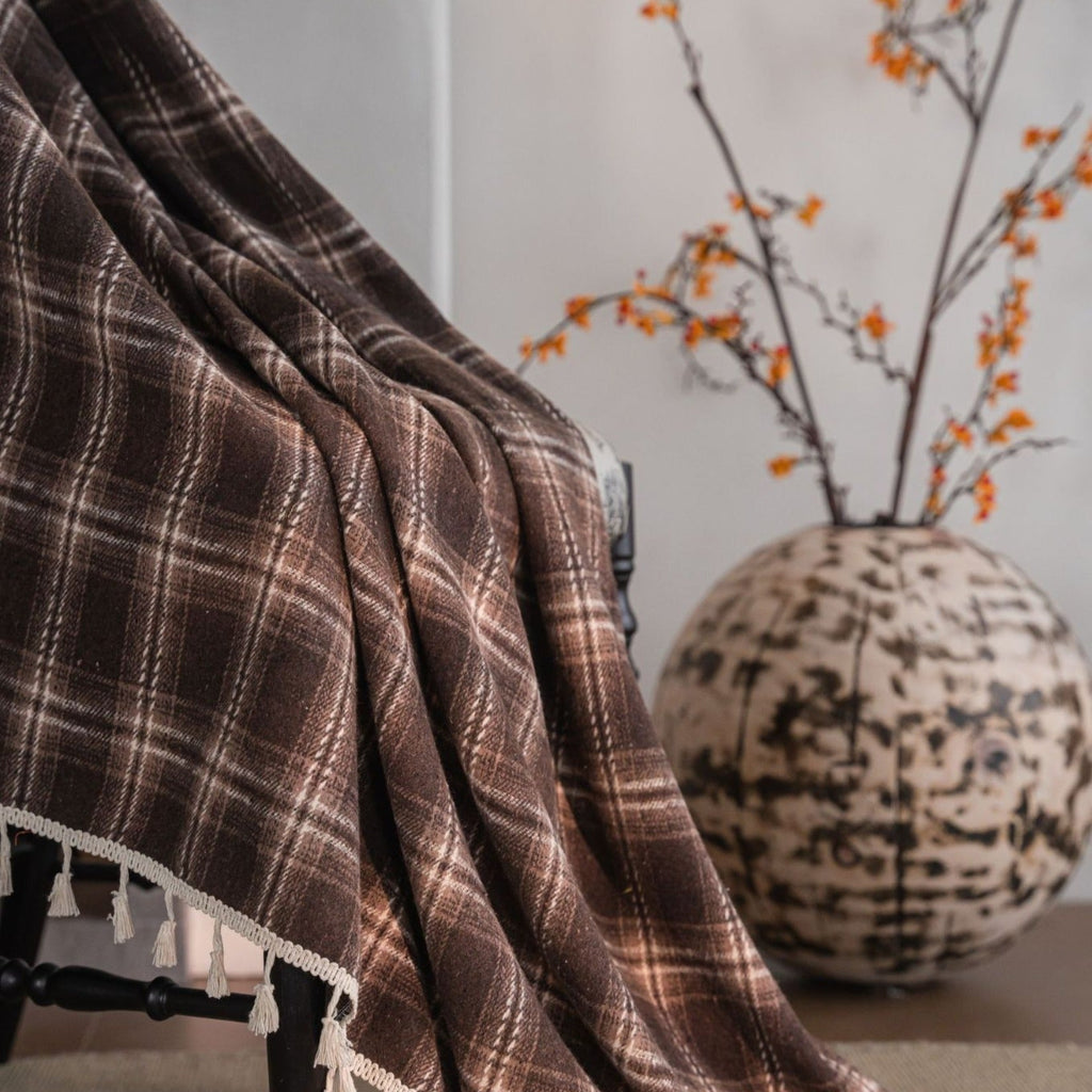 Chocolate Plaid Tassel Curtain