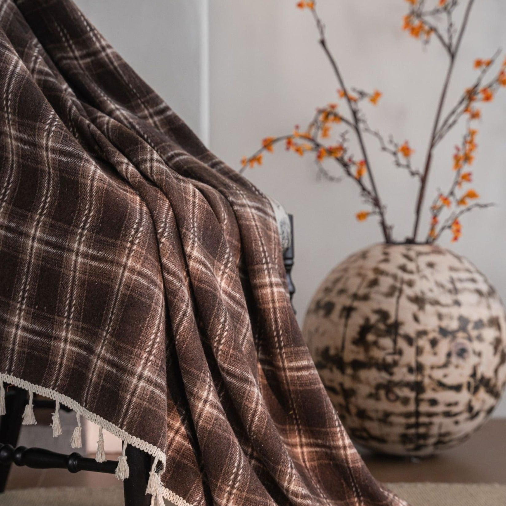 Chocolate Plaid Tassel Curtain