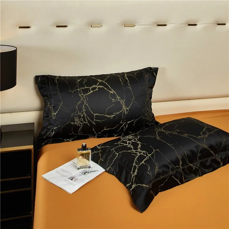 Nero Black Marble Luxury Egyptian Cotton Satin Bedding Set