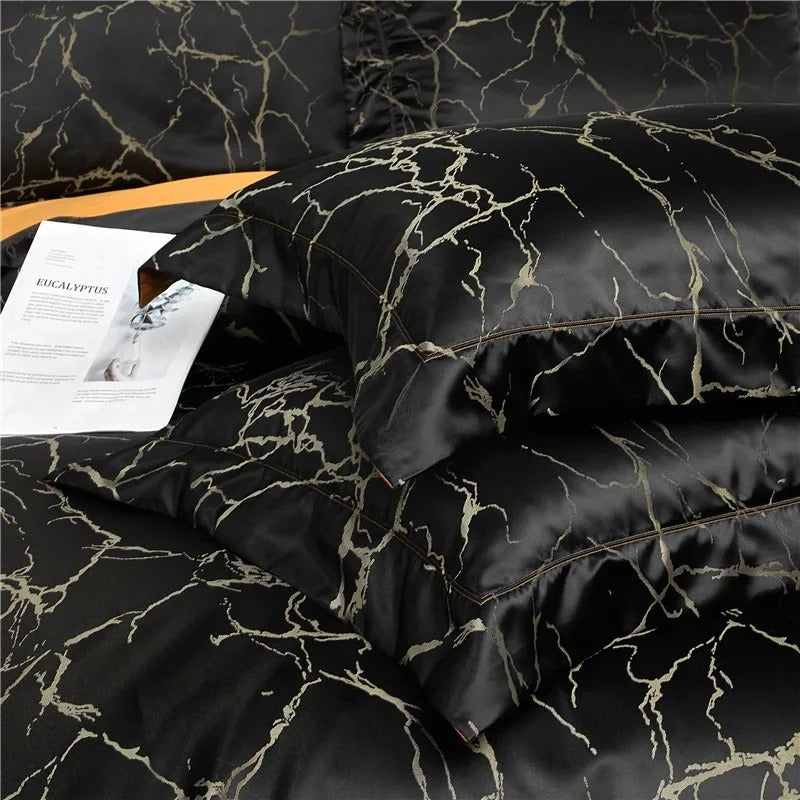 Nero Black Marble Luxury Egyptian Cotton Satin Bedding Set