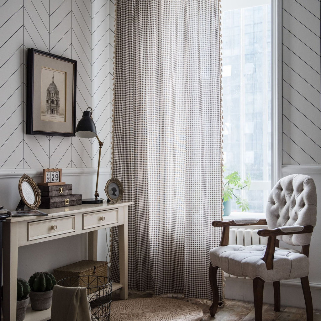 Coffee Gingham Tassel Curtain