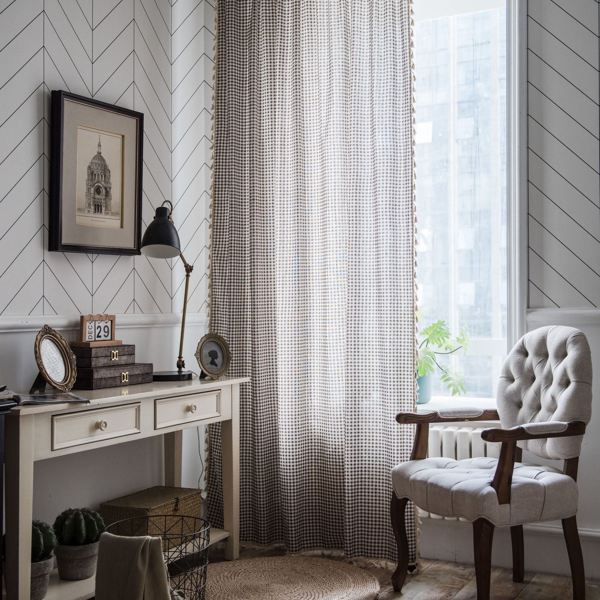 Coffee Gingham Tassel Curtain