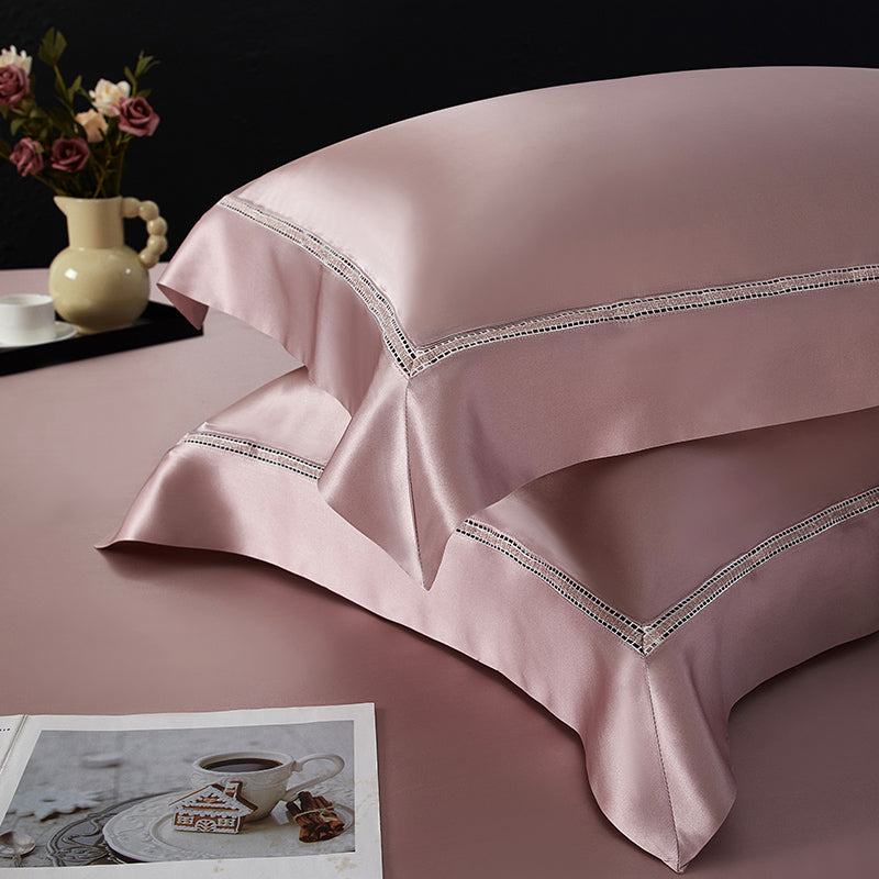 Solenne Magnolia Pink Openwork Trim Luxury Pure Mulberry Silk Bedding Set