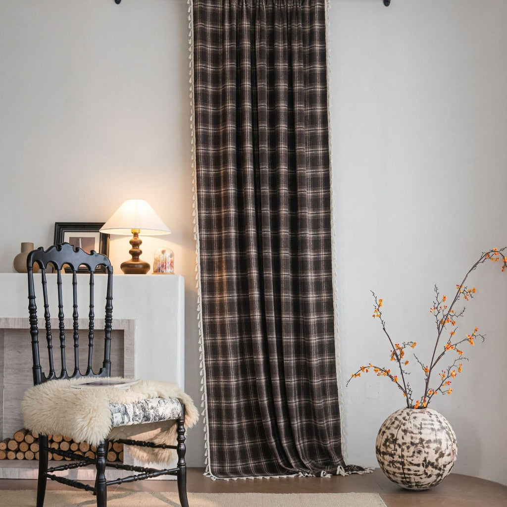 Chocolate Plaid Tassel Curtain