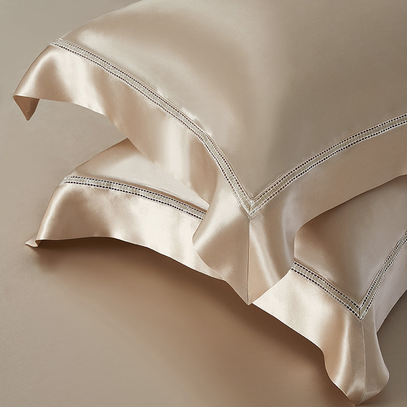 Solenne Opaline Gold Openwork Trim Luxury Pure Mulberry Silk Bedding Set