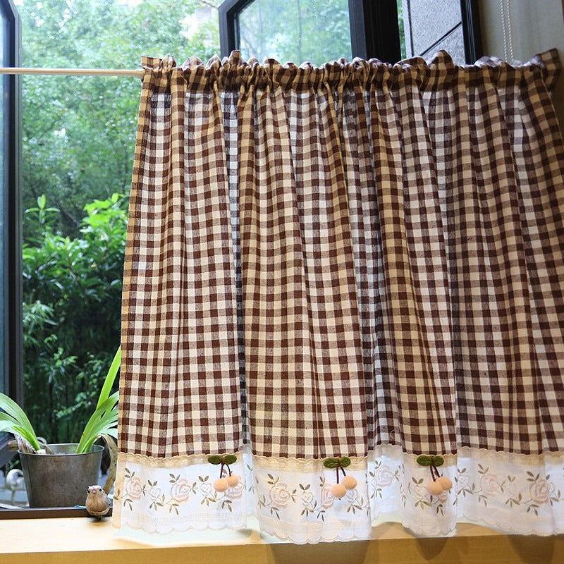Cherry with Brown Check Cabinet Curtain
