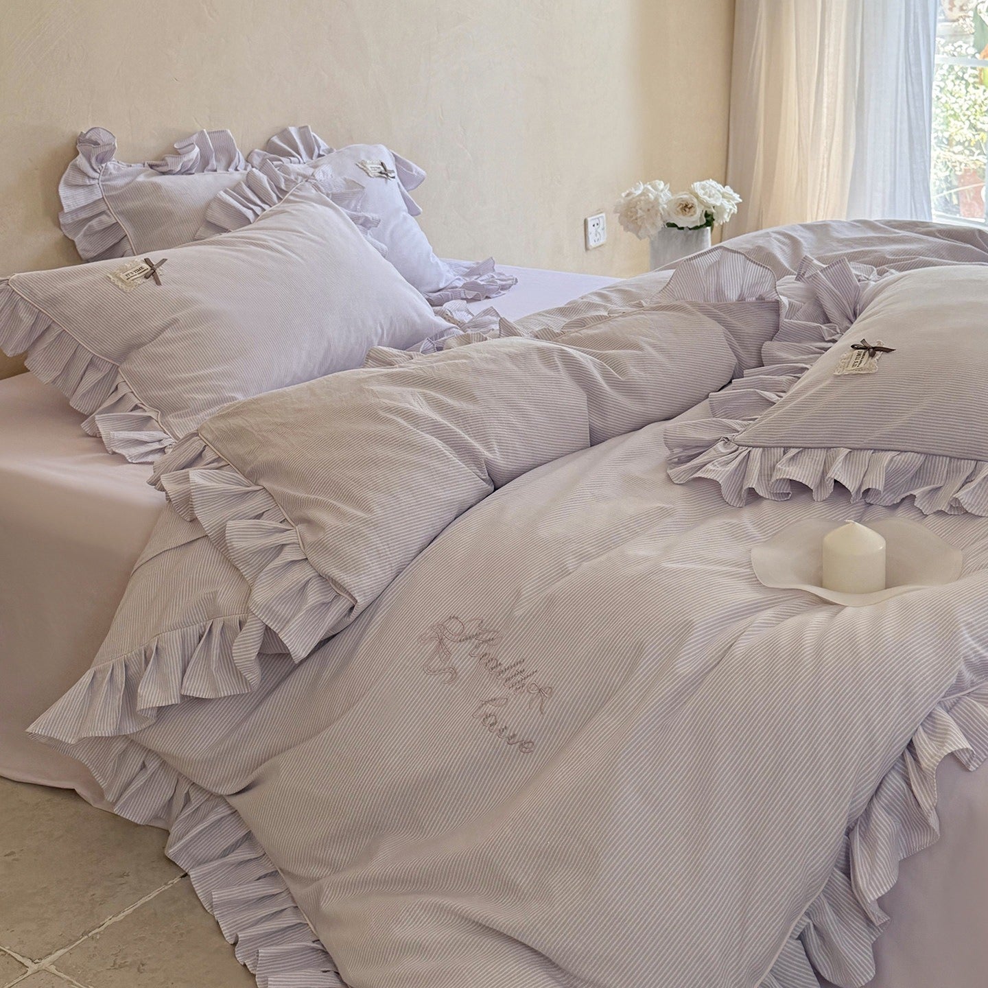 Lavender Ruffle Stripe Bedding Set