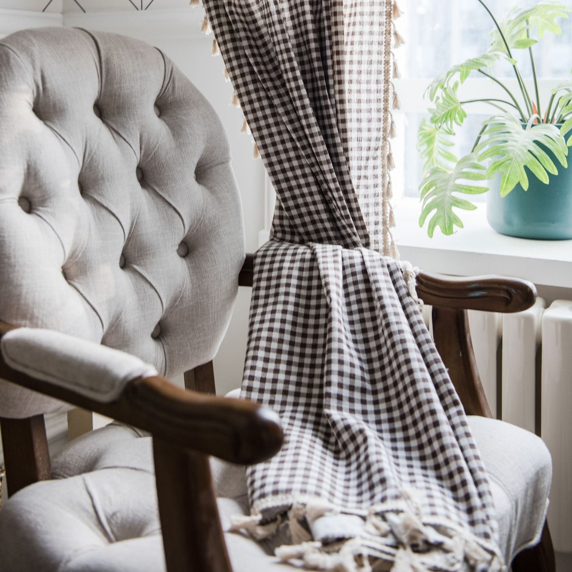 Coffee Gingham Tassel Curtain