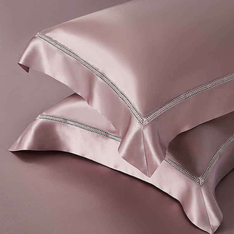 Solenne Magnolia Pink Openwork Trim Luxury Pure Mulberry Silk Bedding Set