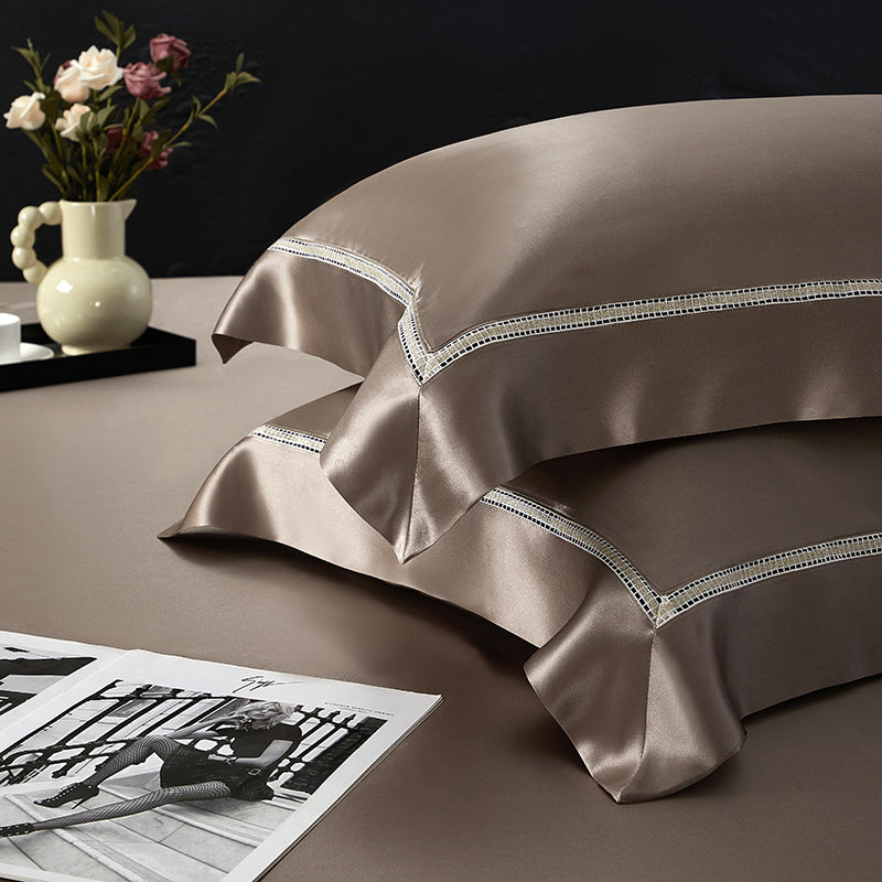 Solenne Mink Bronze Openwork Trim Luxury Pure Mulberry Silk Bedding Set