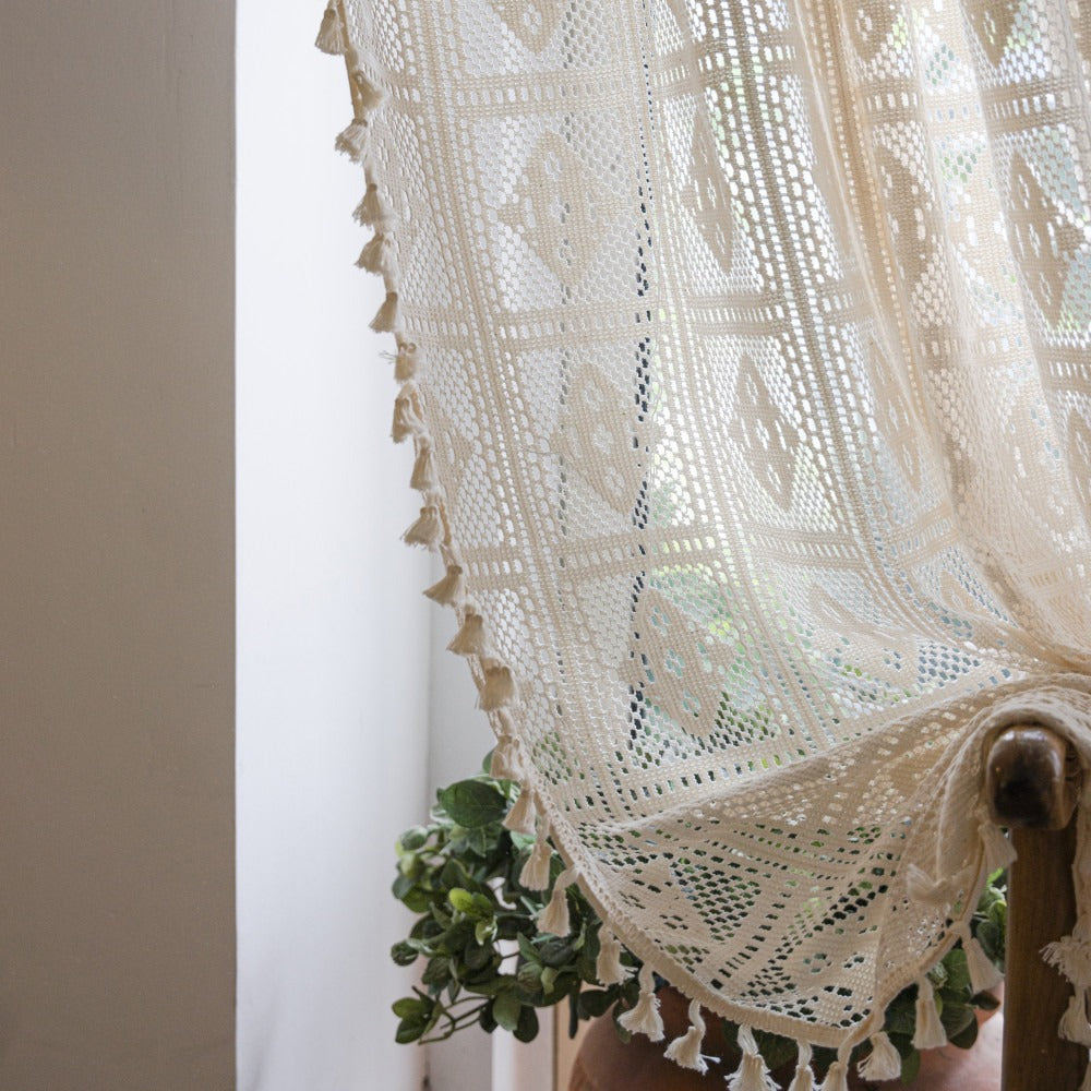 Check Plus Lace Tassel Curtain